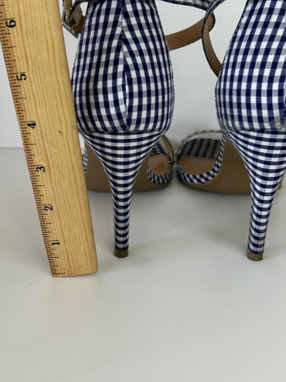 Material Girl In White And Navy Blue Fabric Women Sandals/Heel